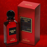 Redemption Rouge perfume bottle and packaging on a red background