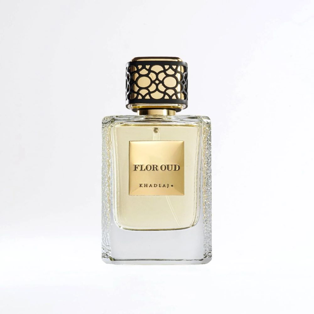 Perfume bottle labeled 'Flor Oud' by Khadlaj on a white background