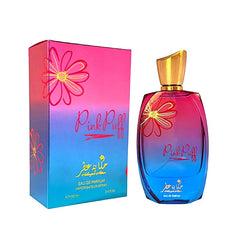 Pink Puff perfume bottle and packaging with floral design on a white background