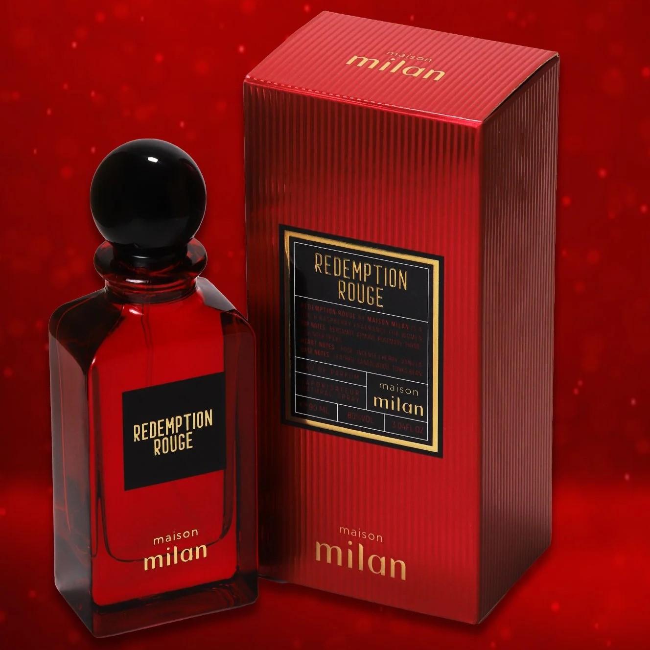 Redemption Rouge perfume bottle and packaging on a red background